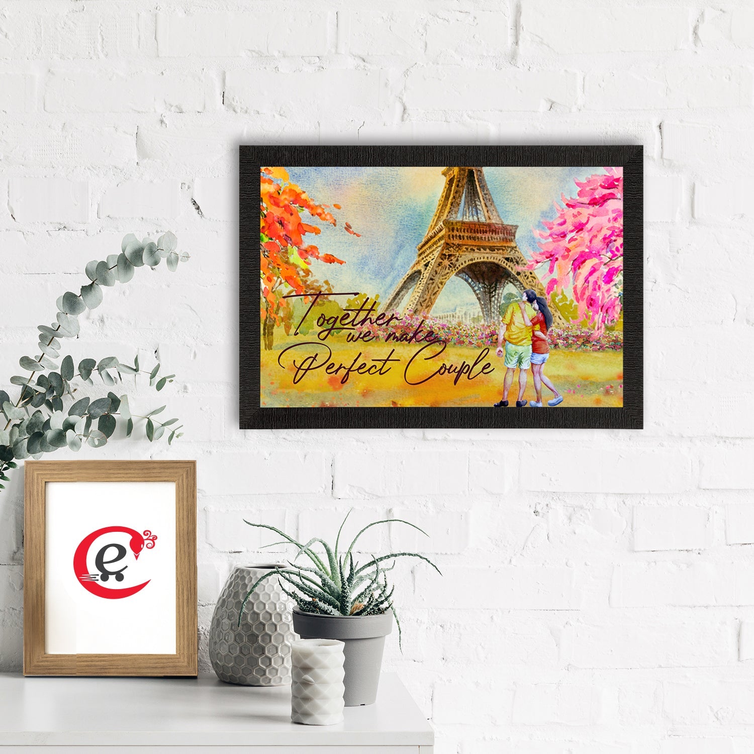 "Together we make Perfect Couple"  Romantic Couple in front of Eiffel Tower Love Theme Satin Matt Texture UV Art Painting Kafalo