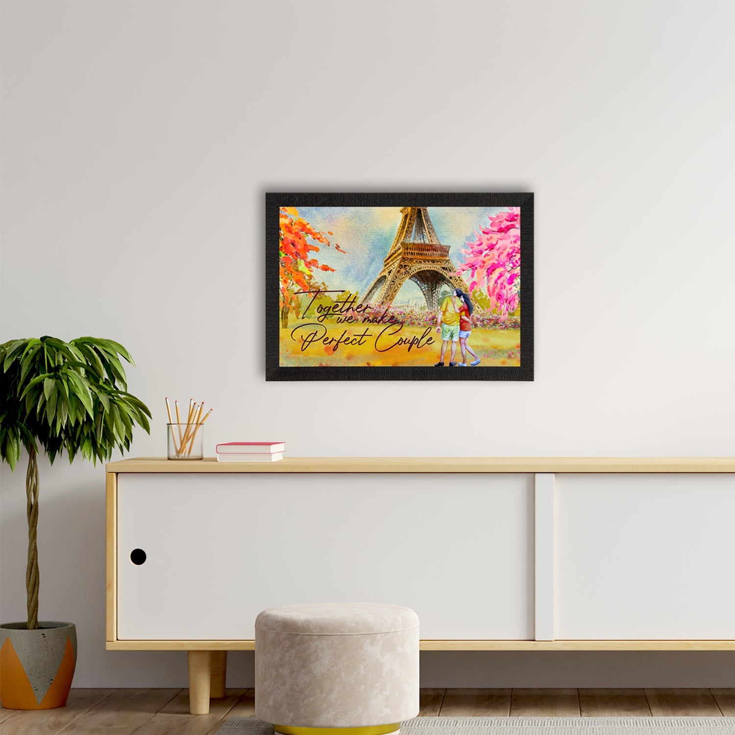 "Together we make Perfect Couple"  Romantic Couple in front of Eiffel Tower Love Theme Satin Matt Texture UV Art Painting Kafalo