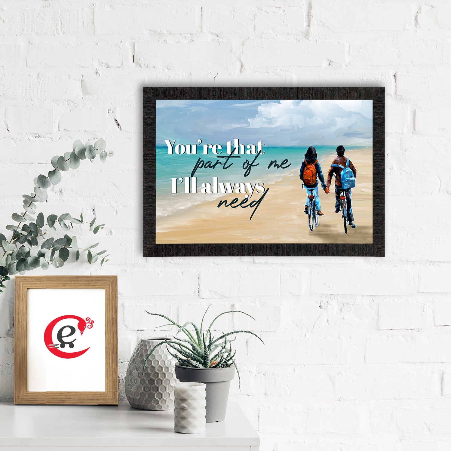 "You are that part of me, I will always Need" Romantic Couple Cycling on Beach Valentine Theme Satin Matt Texture UV Art Painting Kafalo