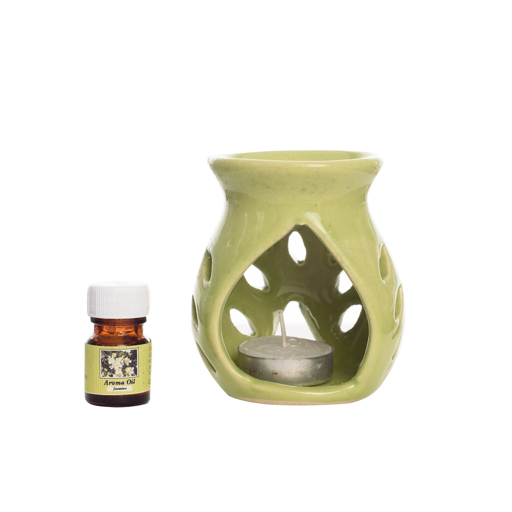 Green Aroma Burner Set with Jasmine Aroma Oil and 4 Tea Light Candles Kafalo