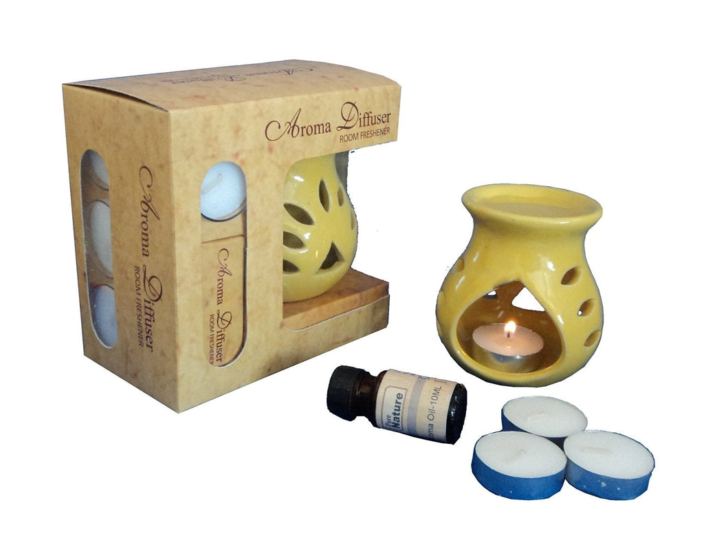 Yellow Aroma Burner Set with Lemon Grass Aroma Oil and 4 Tea Light Candles Kafalo