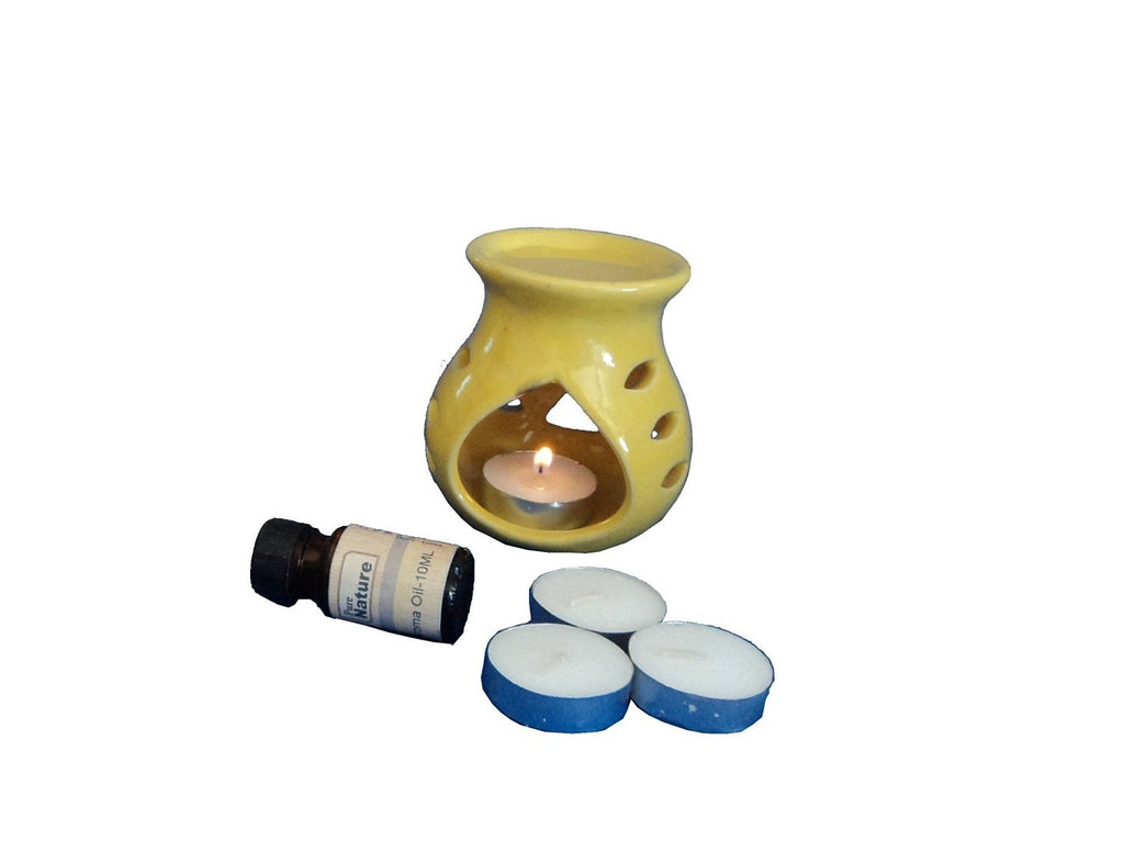 Yellow Aroma Burner Set with Lemon Grass Aroma Oil and 4 Tea Light Candles Kafalo