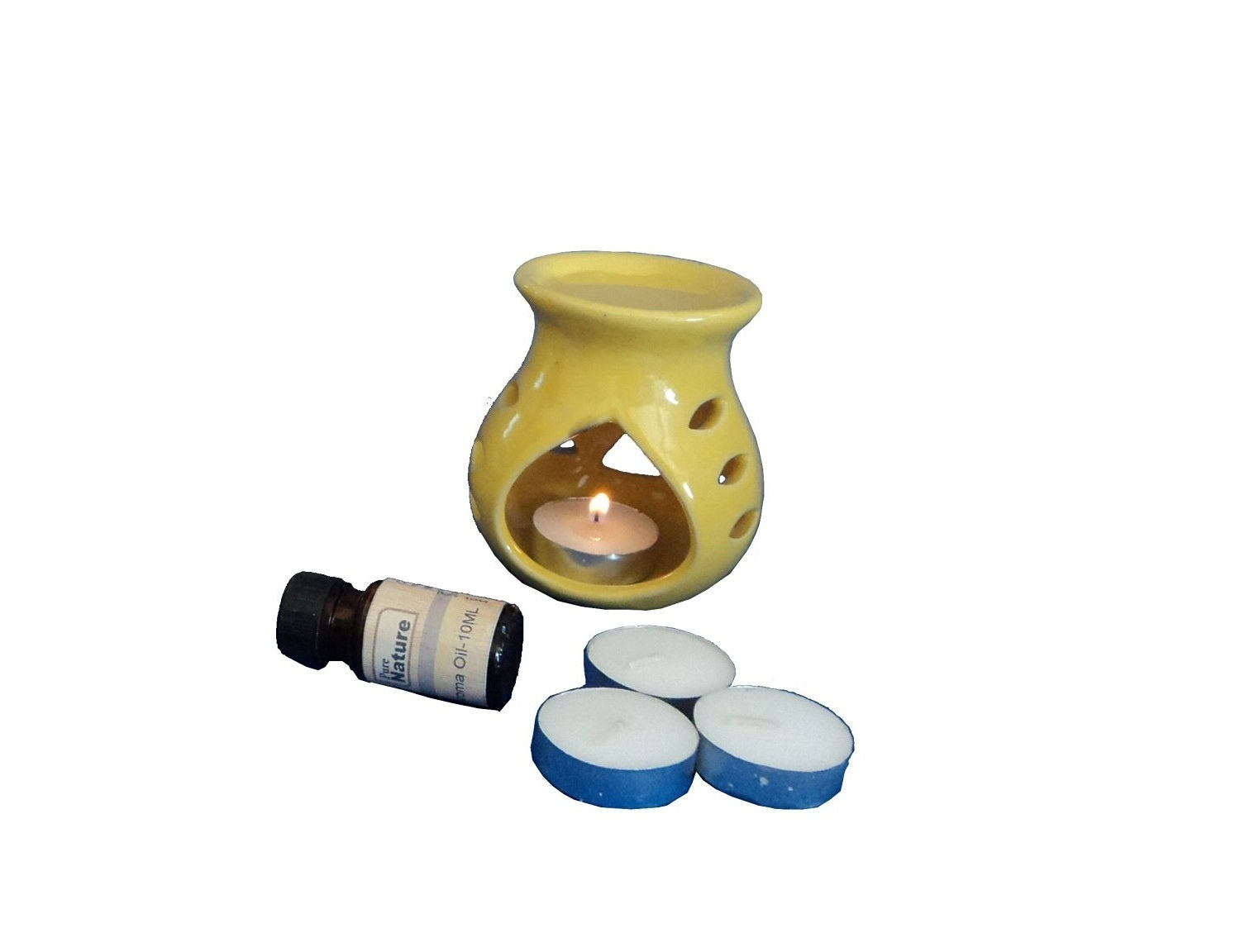 Yellow Aroma Burner Set with Lemon Grass Aroma Oil and 4 Tea Light Candles Kafalo