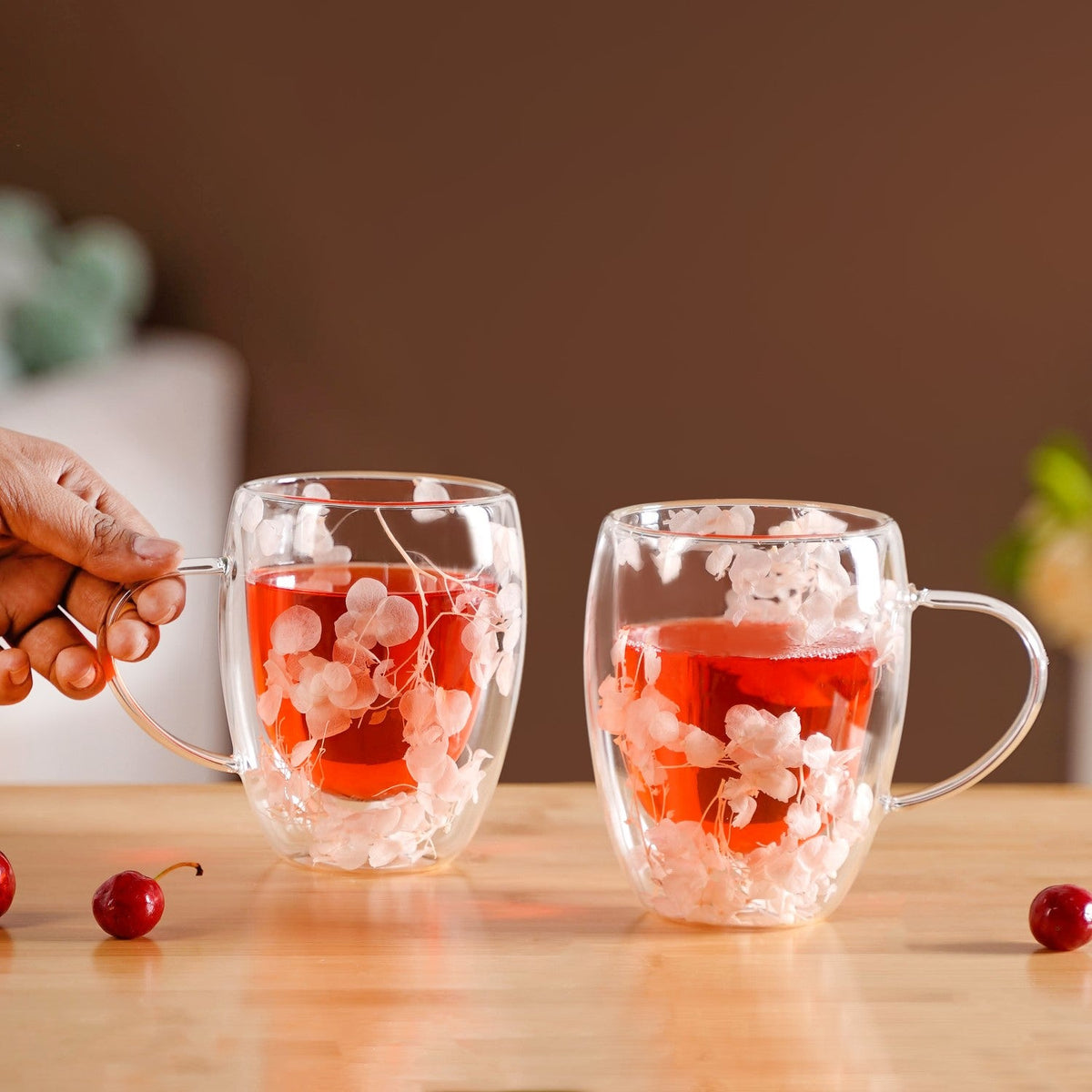 Dried Flowers Inside Double Glass Coffee Mug Set Of 2 350ml Nestasia