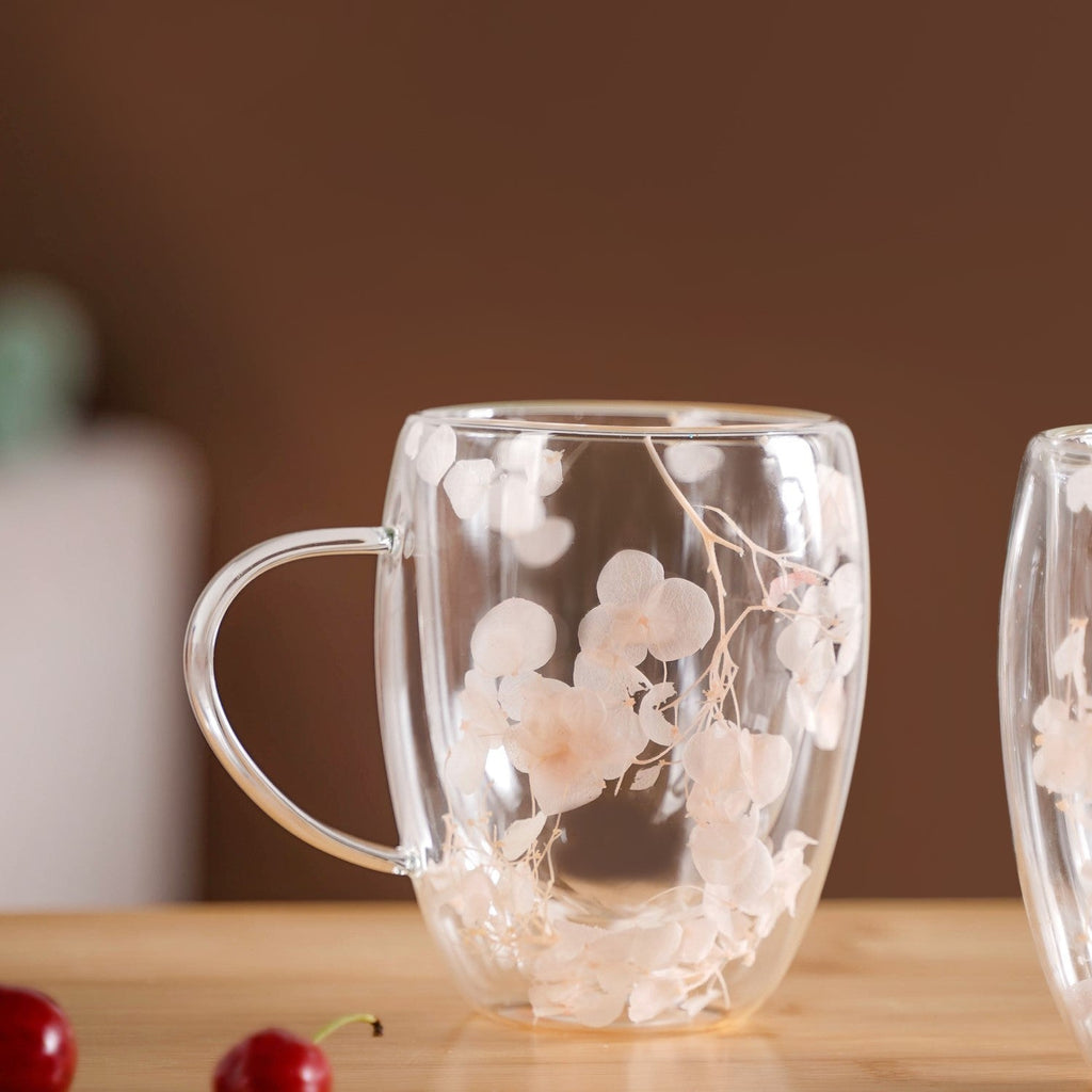 Dried Flowers Inside Double Glass Coffee Mug Set Of 2 350ml Nestasia