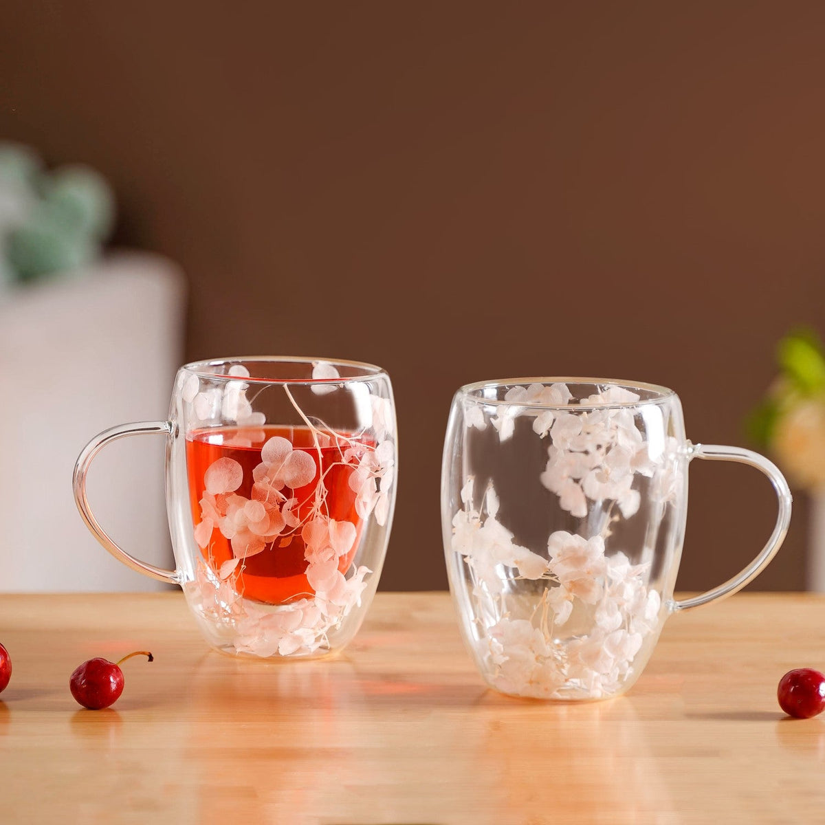 Dried Flowers Inside Double Glass Coffee Mug Set Of 2 350ml Nestasia