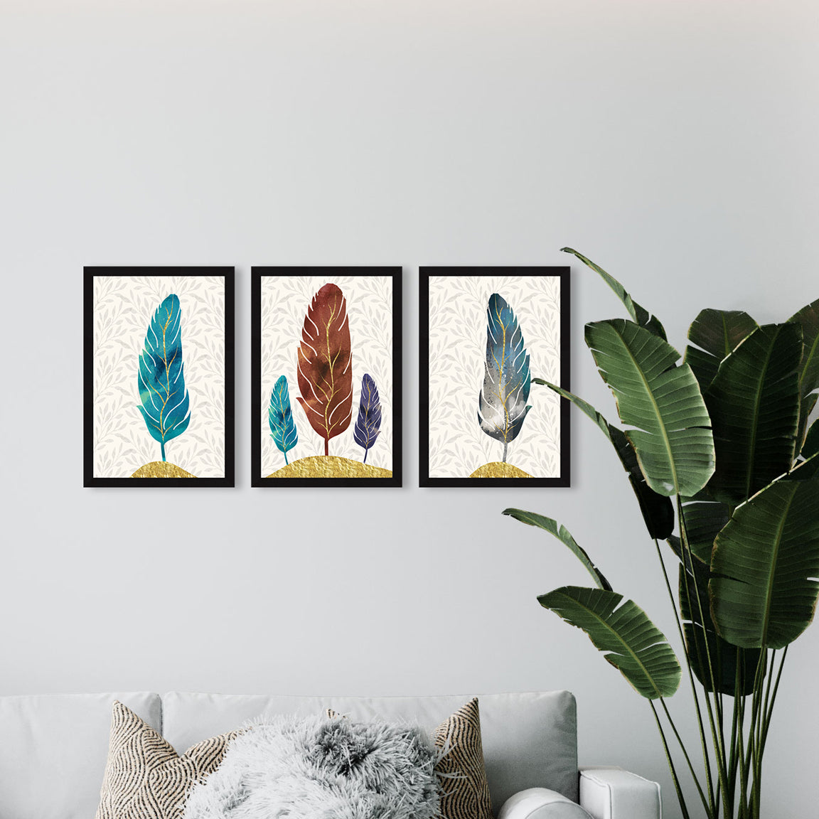 Feathers Abstract Art Paintings, Painting For Wall Living Room, Set of 3 AXIII-20-ABS ArtX