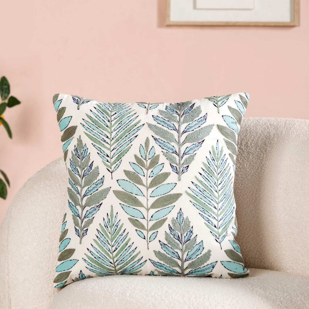 Fern Embroidered Cotton Cushion Cover 50x50cm Nestasia