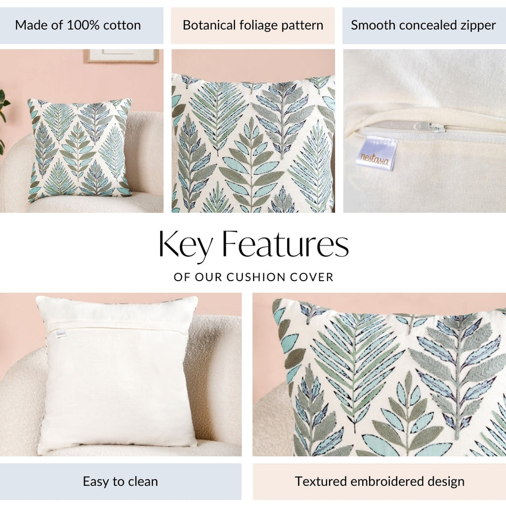 Fern Embroidered Cotton Cushion Cover 50x50cm Nestasia