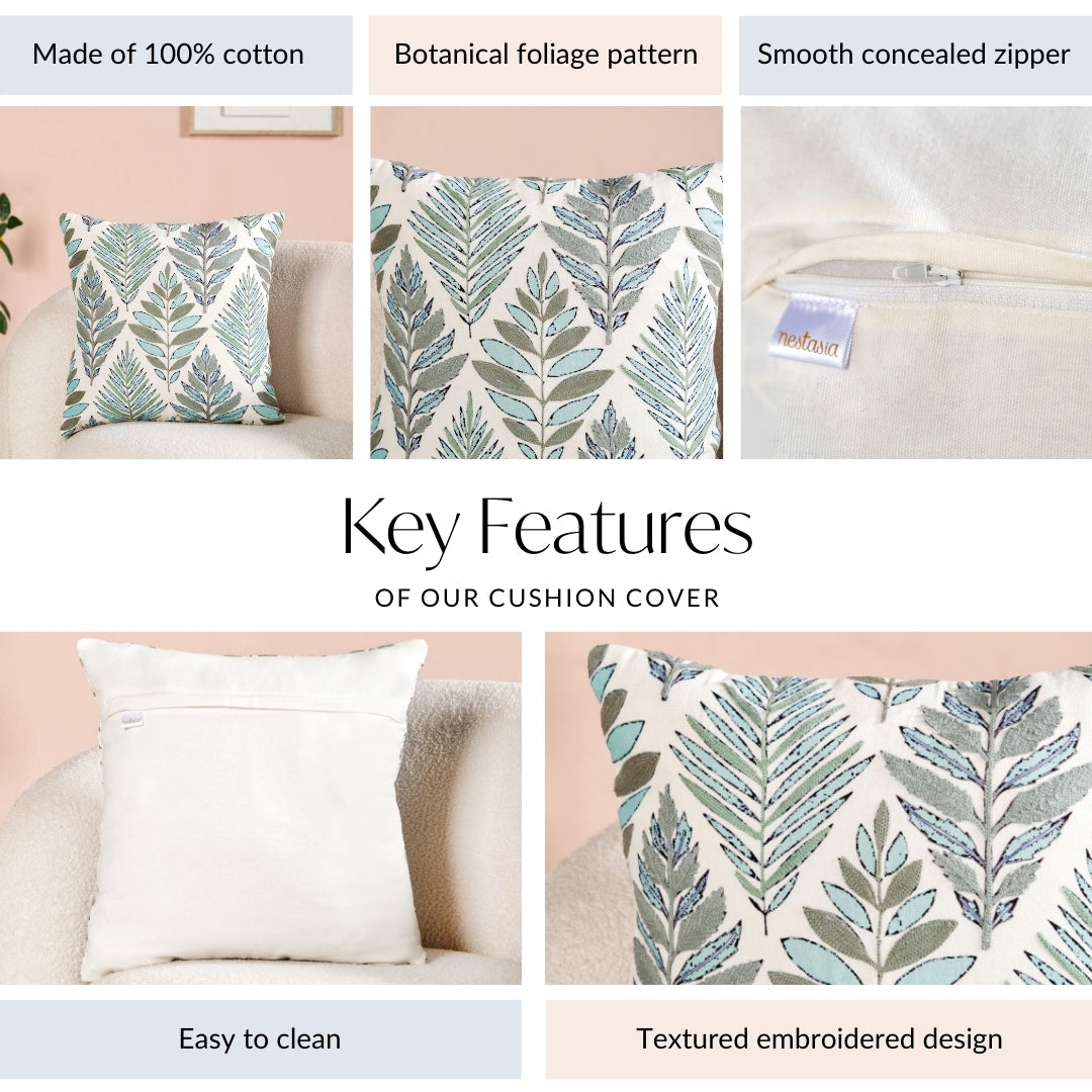 Fern Embroidered Cotton Cushion Cover 50x50cm Nestasia