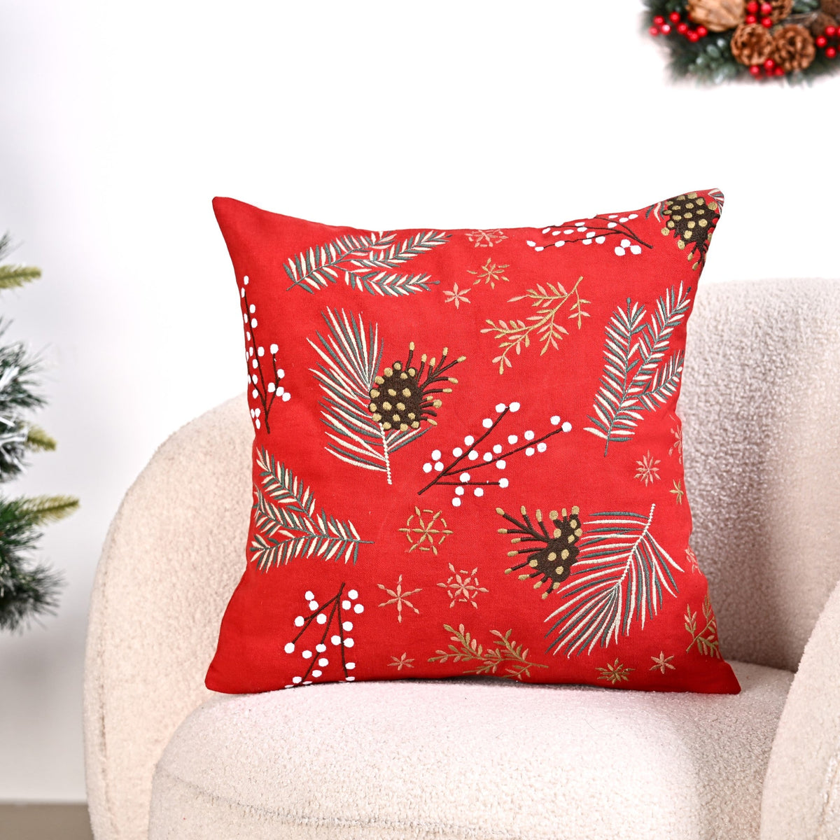 Pine Leaves Bright Red Couch Cushion Cover 40x40cm Nestasia