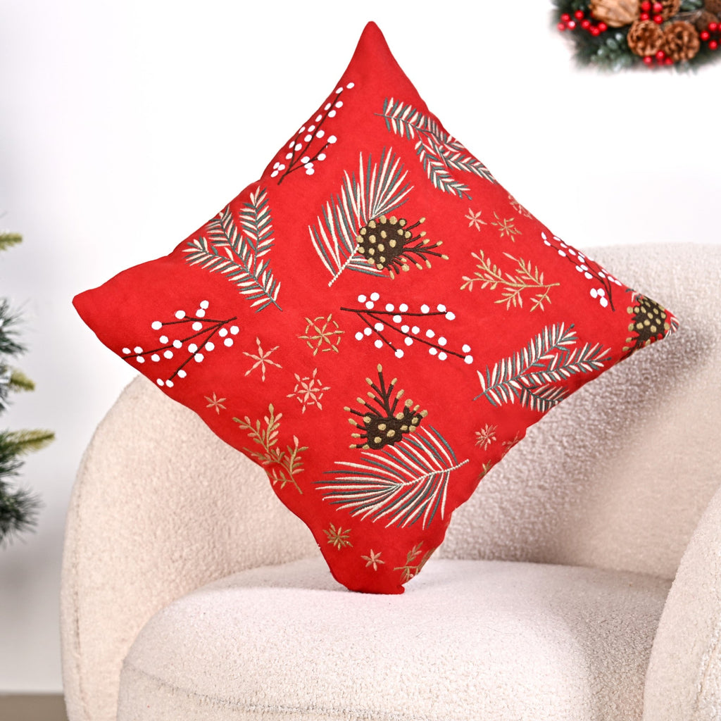 Pine Leaves Bright Red Couch Cushion Cover 40x40cm Nestasia