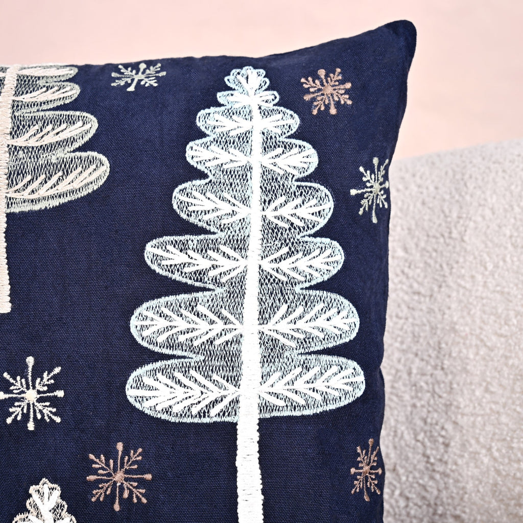 Festive Forest Dark Blue Embroidered Cushion Cover 40x40cm Nestasia