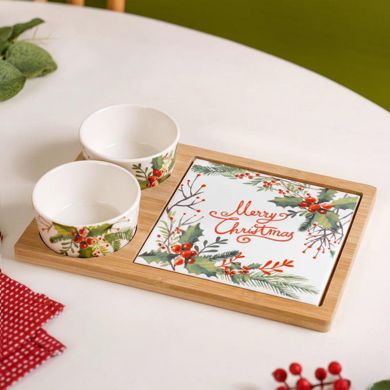 Festive Holly Berry Bowls And Platter Set Of 4 Nestasia