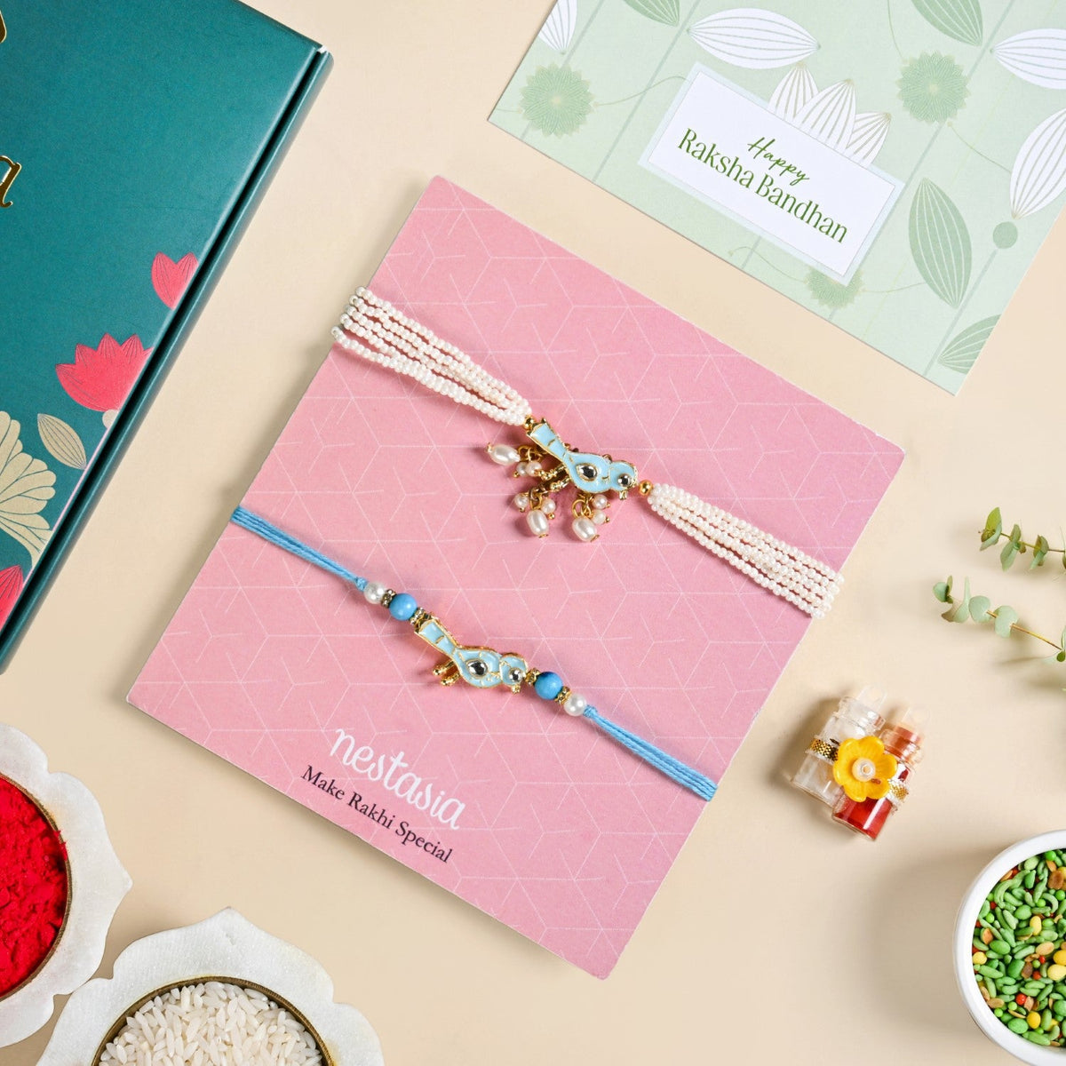 Blue Bird Charm Rakhi And Lumba Bracelet Set Nestasia