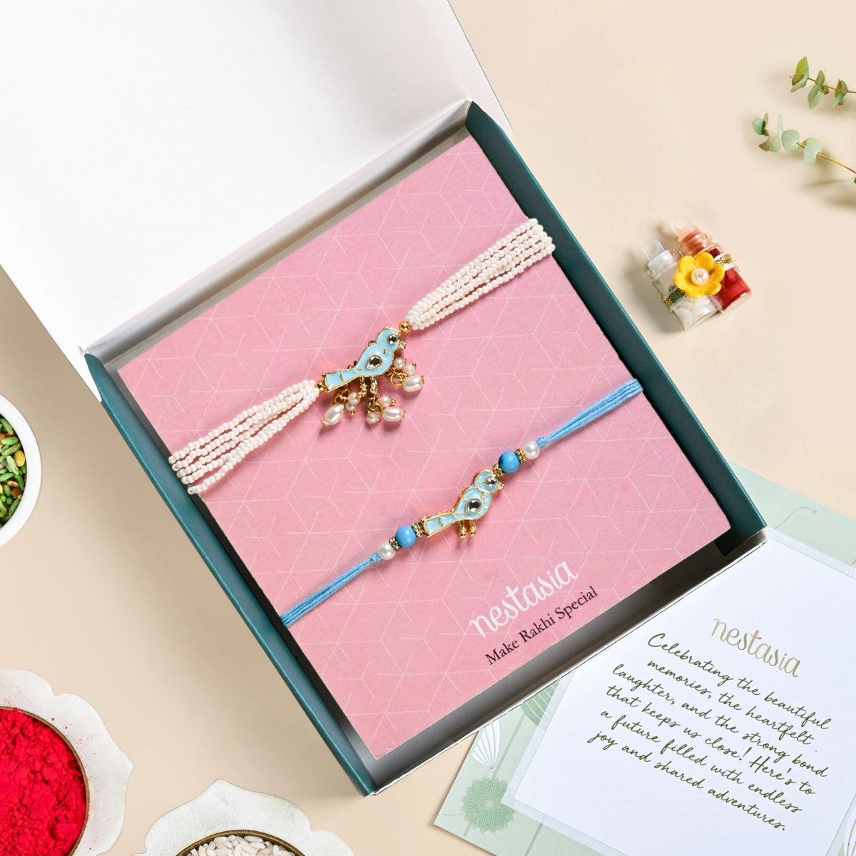Blue Bird Charm Rakhi And Lumba Bracelet Set Nestasia