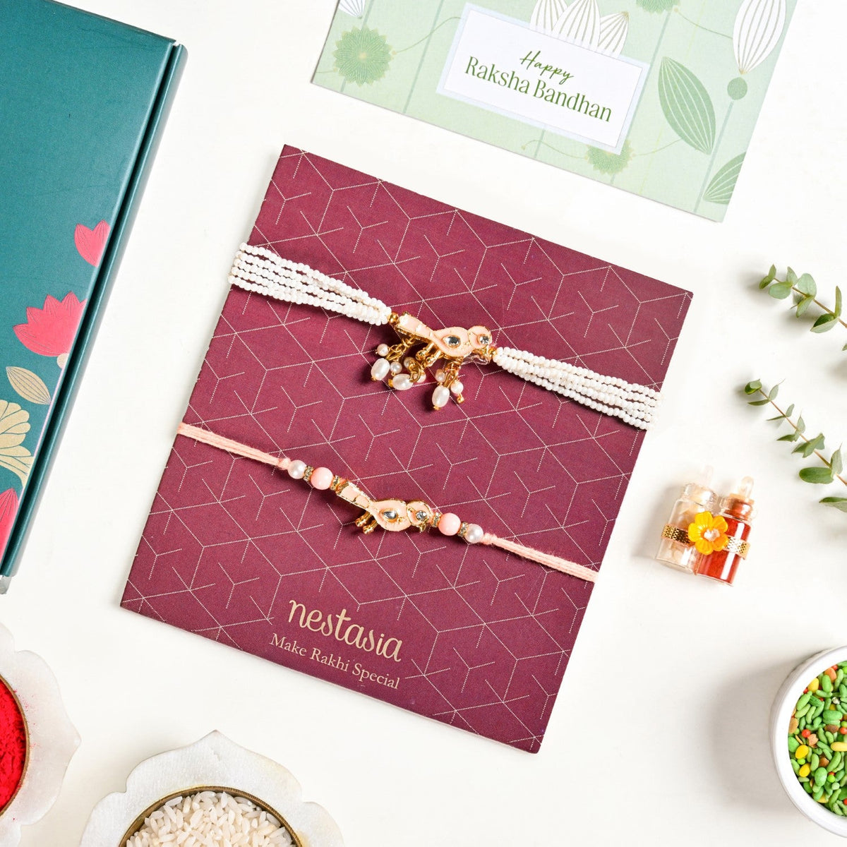 Peach Bird Rakhi And Lumba Bracelet Gift Set Nestasia