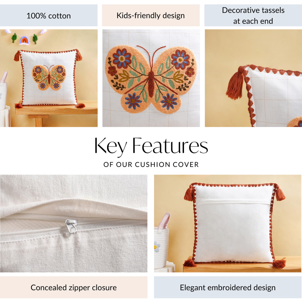 Floral Butterfly Embroidered Cotton Cushion Cover 42x42cm Nestasia