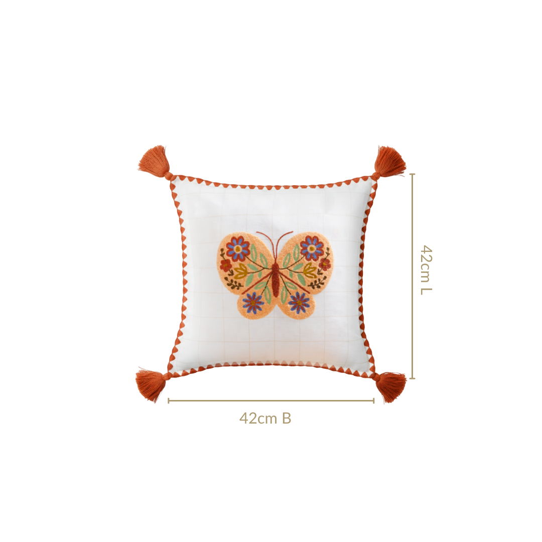 Floral Butterfly Embroidered Cotton Cushion Cover 42x42cm Nestasia