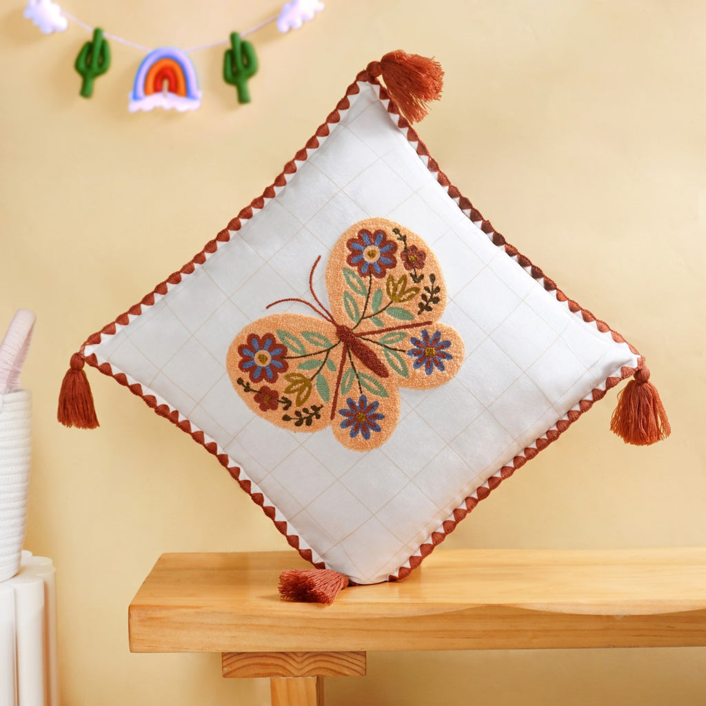 Floral Butterfly Embroidered Cotton Cushion Cover 42x42cm Nestasia