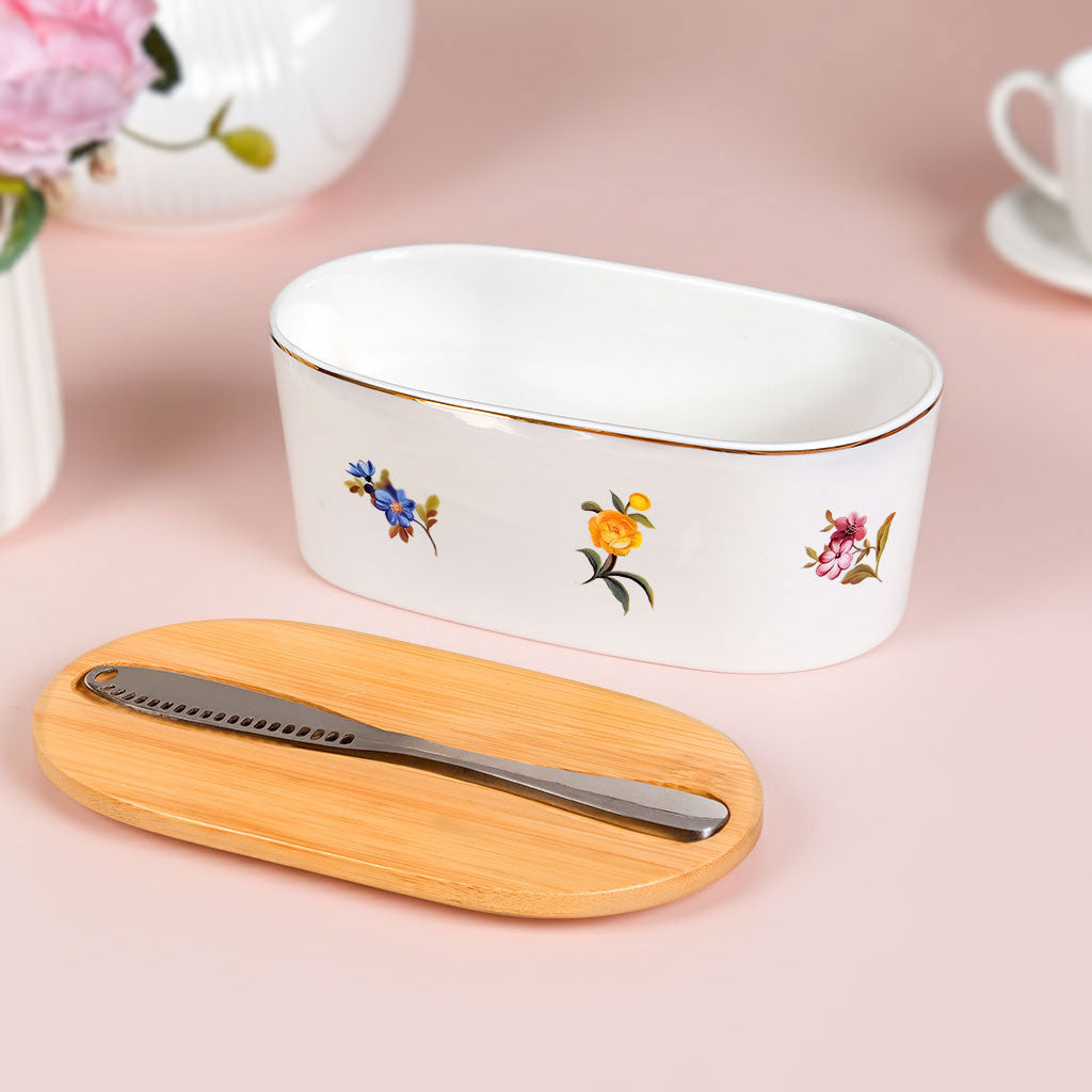 Floral Ceramic Butter Dish With Lid And Knife Nestasia