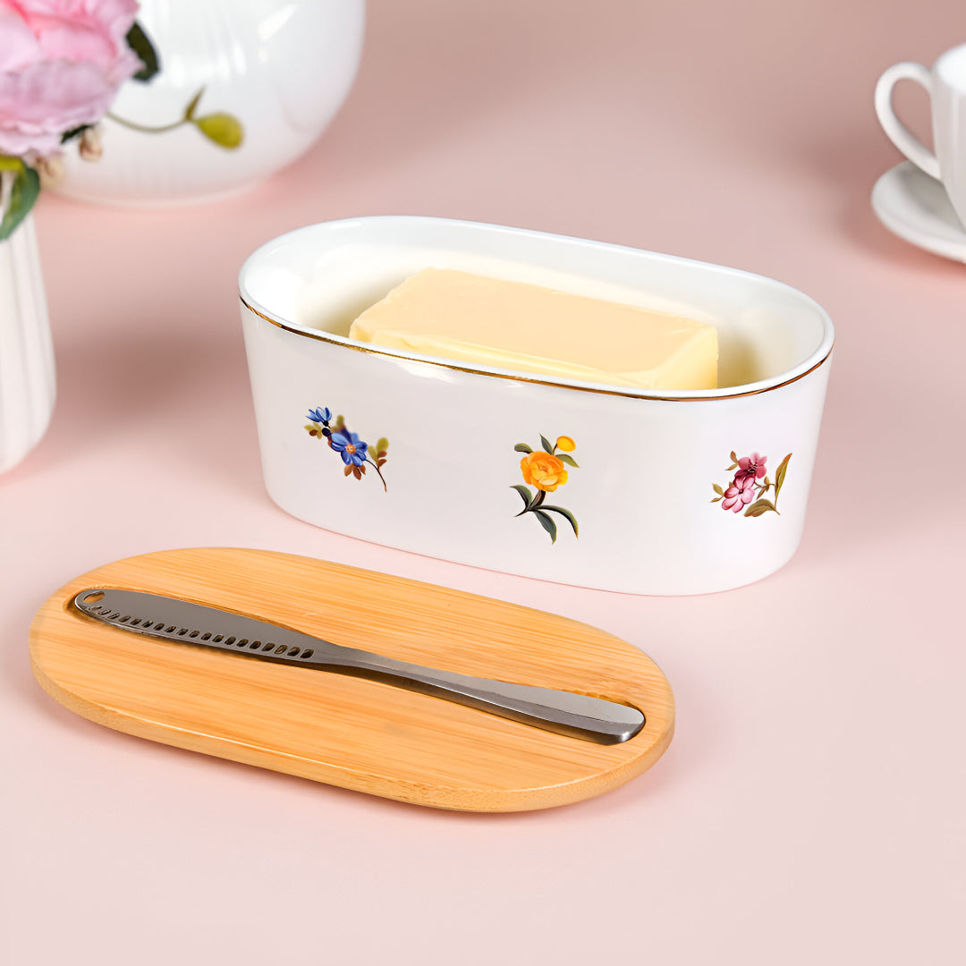 Floral Ceramic Butter Dish With Lid And Knife Nestasia