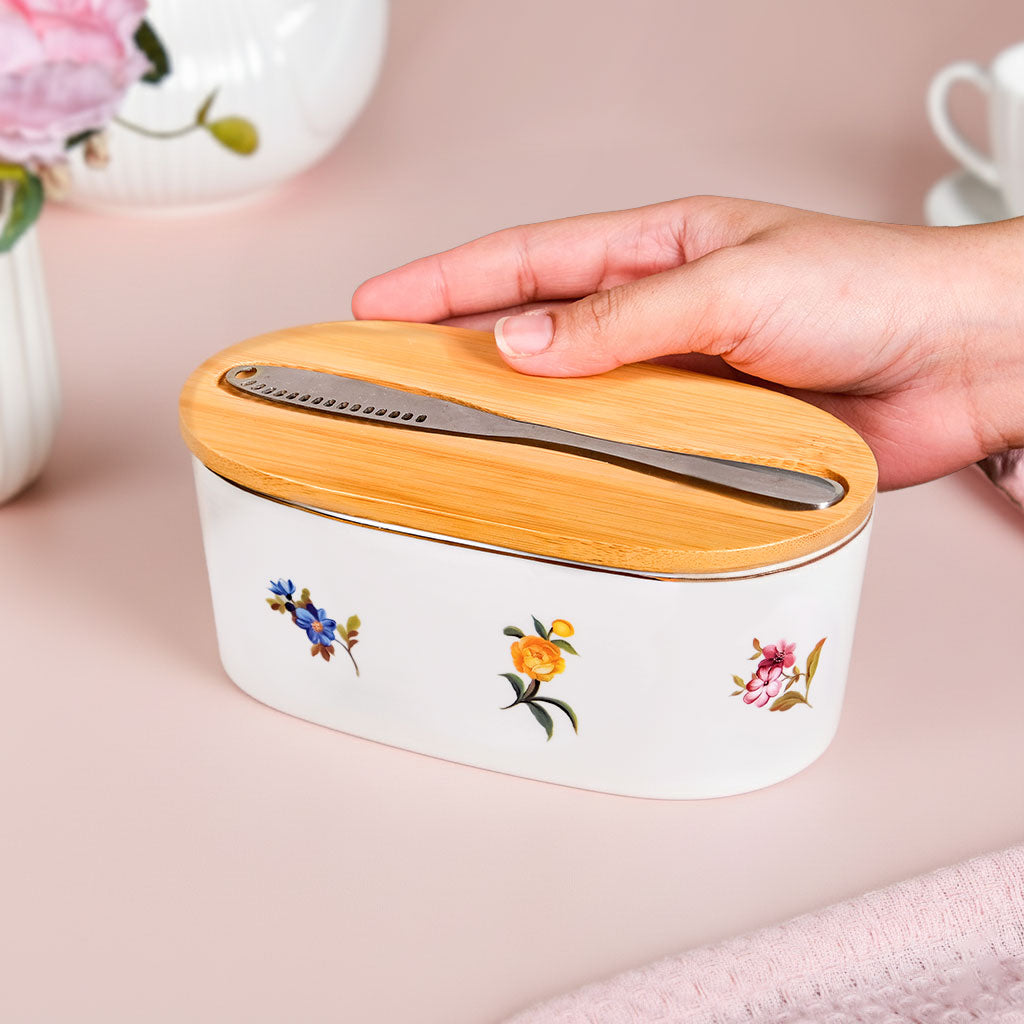 Floral Ceramic Butter Dish With Lid And Knife Nestasia