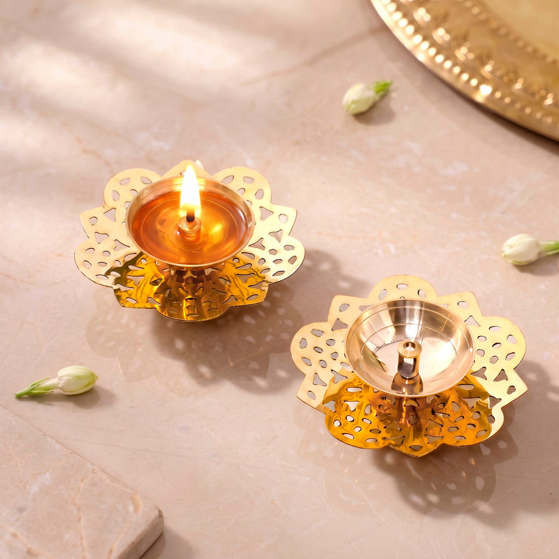 Floral Cutout Pure Brass Puja Diya Set Of 2 In Gift Box Nestasia