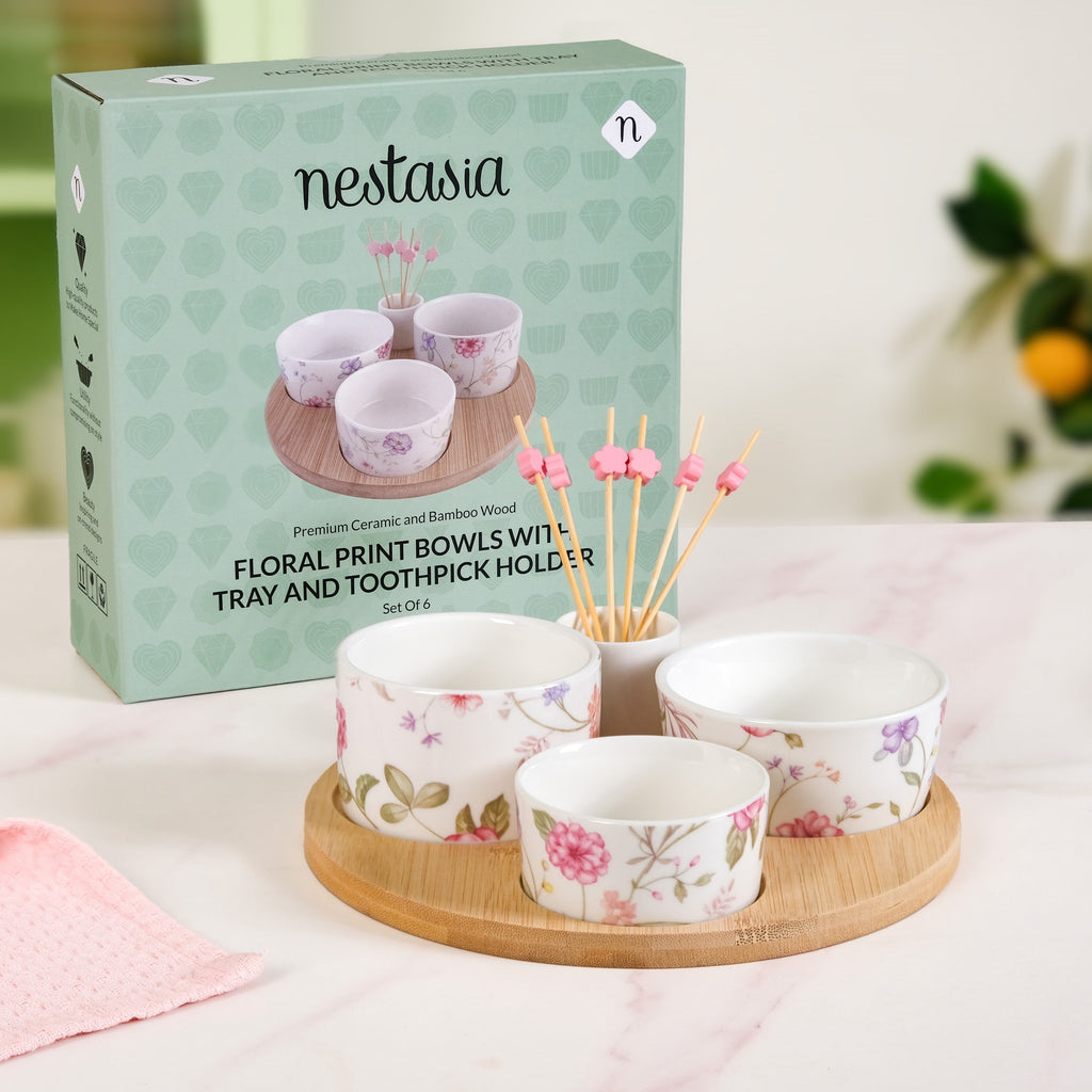 Soft Girl Floral Print Bowls With Tray And Toothpick Holder Set Of 6 Nestasia