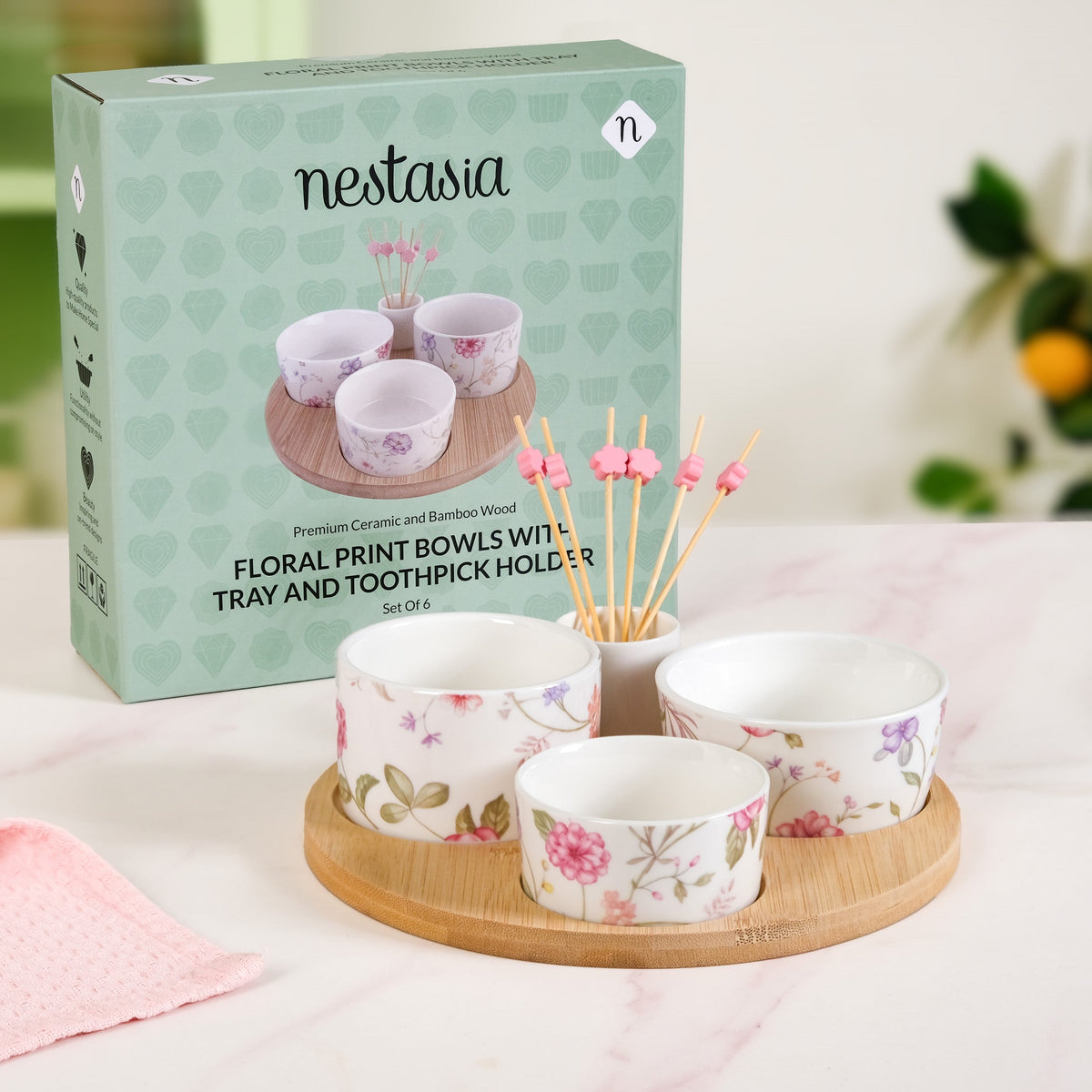 Soft Girl Floral Print Bowls With Tray And Toothpick Holder Set Of 6 Nestasia