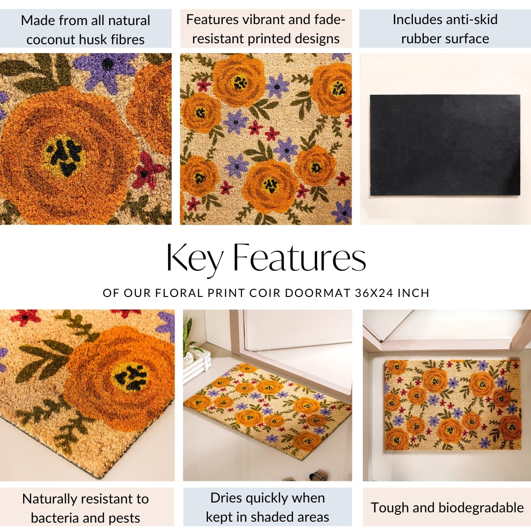 Floral Print Coir Doormat 36x24 Inch Nestasia