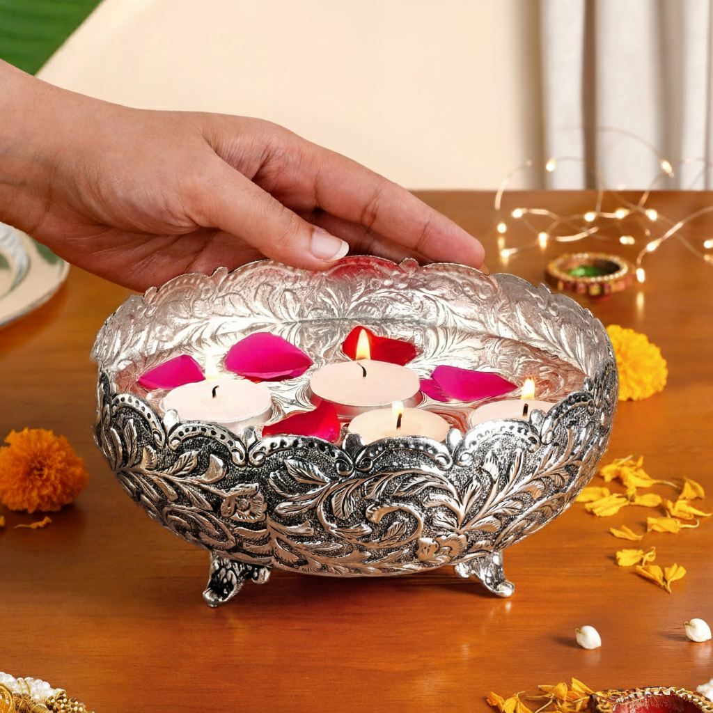 Floral Pure Brass Urli With Silver Polish 17cm Nestasia