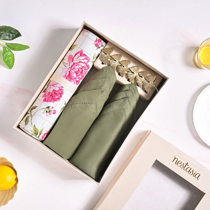 Floral Rouge Table Linen Gift Hamper With Set Of 6 Rings Napkins And Mats Nestasia