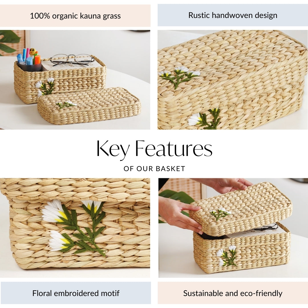 Kauna Storage Basket With Floral Embroidery – Keepsake Organizer Box Nestasia