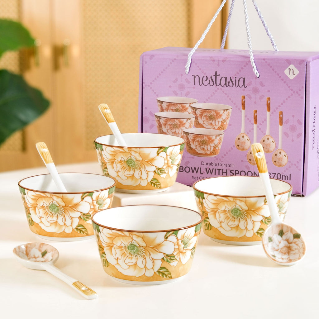 Floral Soup Bowl Set Of 4 With Spoons 370ml Nestasia