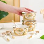Floral Soup Bowl Set Of 4 With Spoons 370ml Nestasia