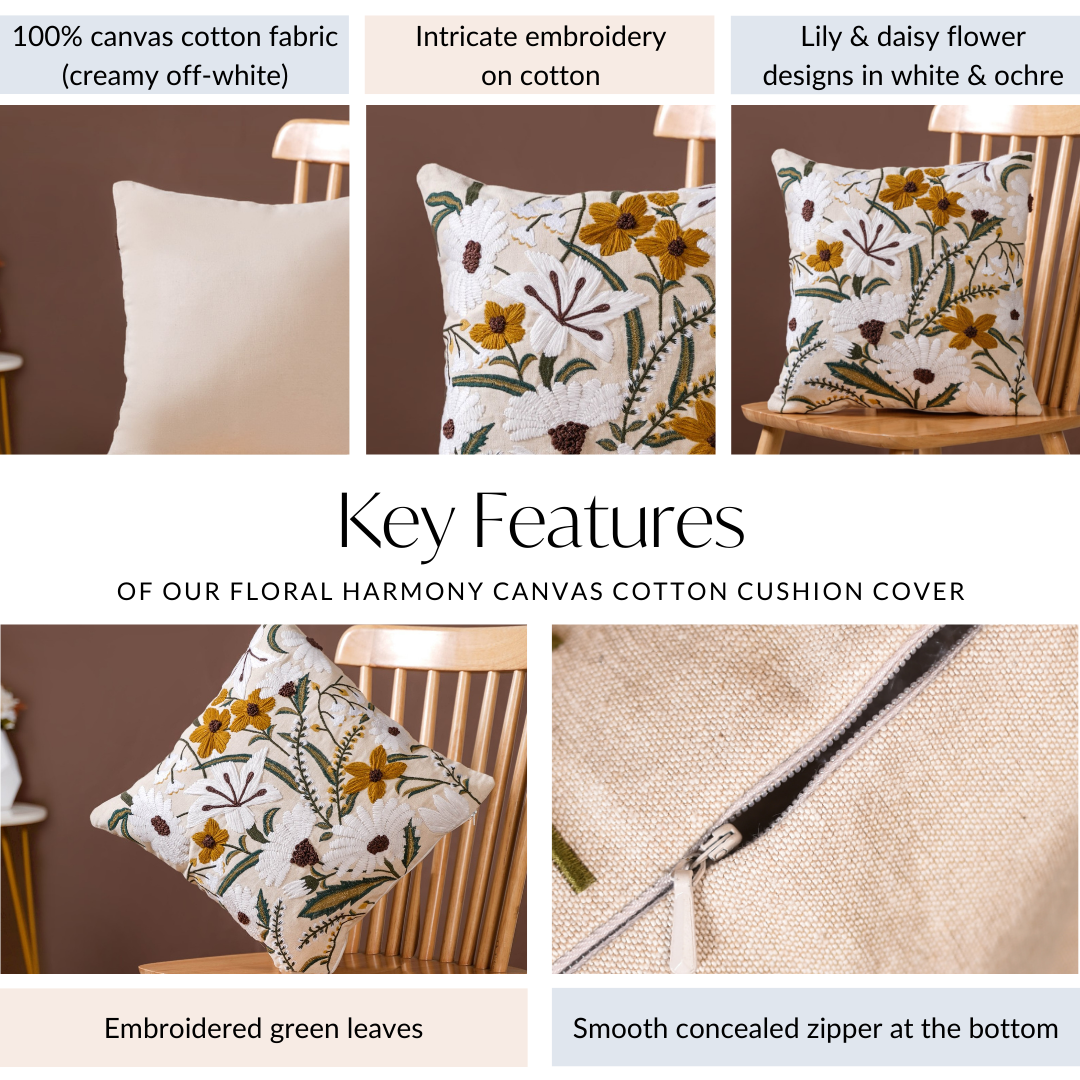 Floral Harmony Canvas Cotton Cushion Cover 40x40cm Nestasia