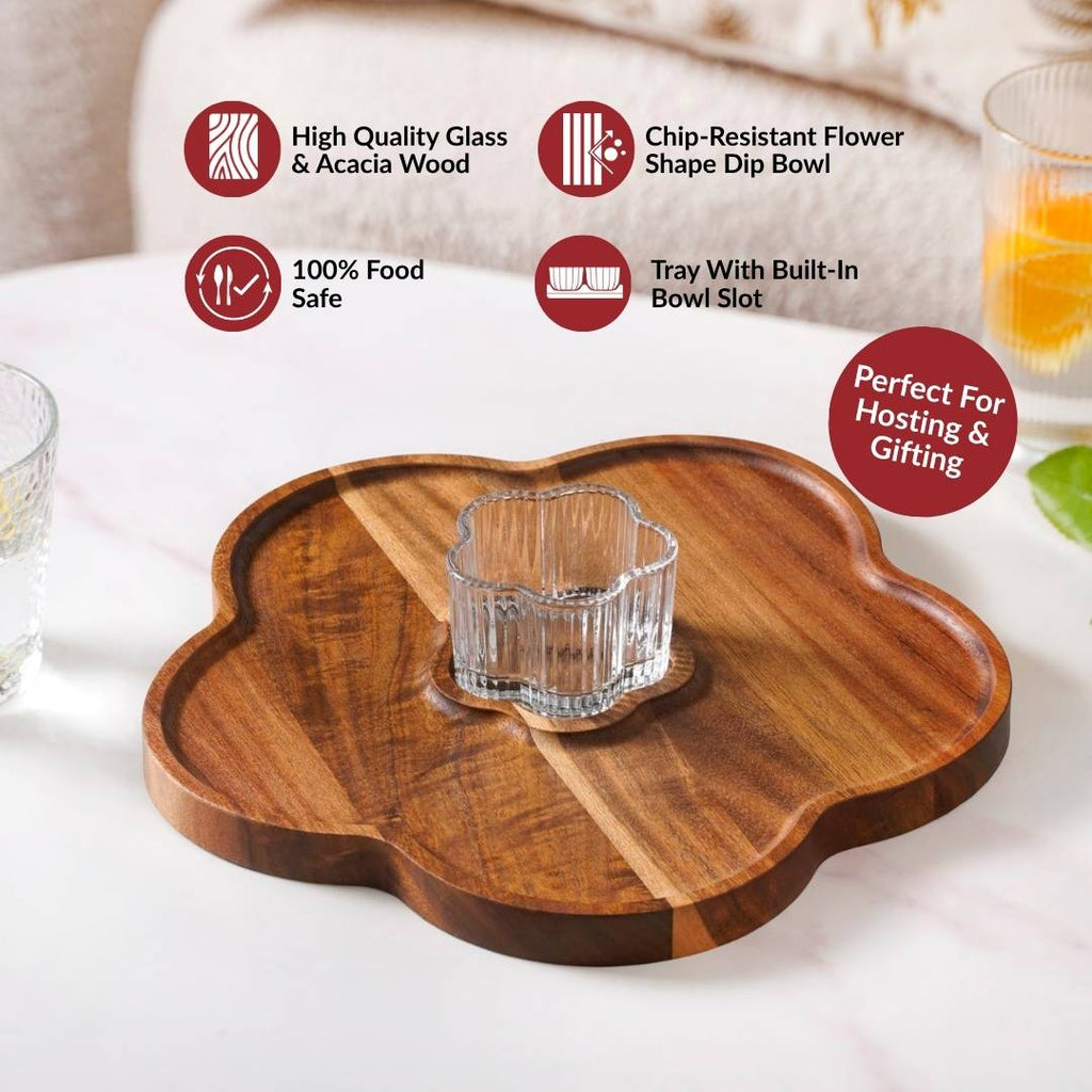 Petalia Acacia Wood Platter With Bowl Set Of 2 Nestasia