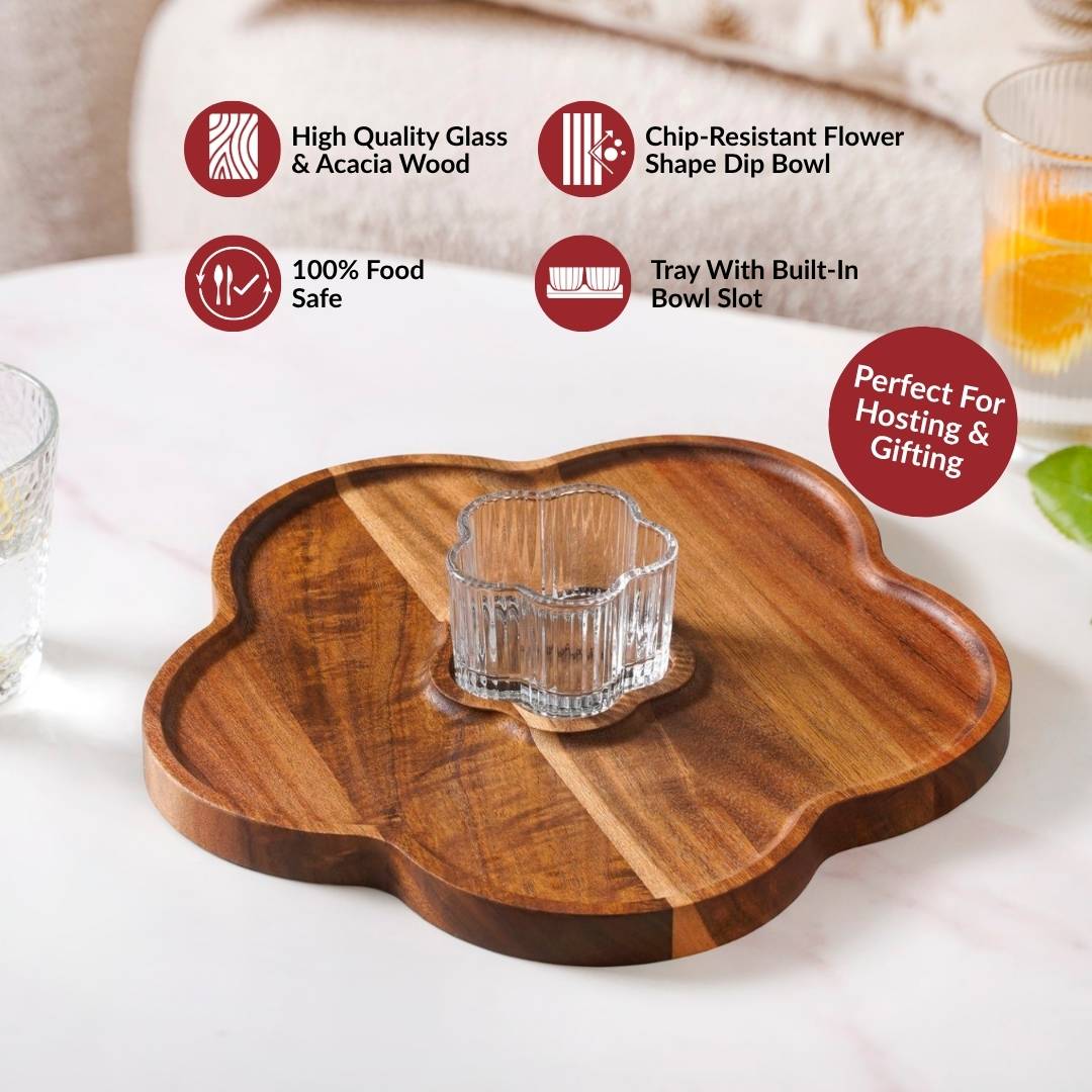 Petalia Acacia Wood Platter With Bowl Set Of 2 Nestasia