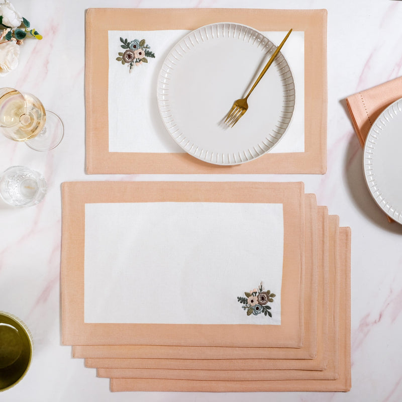 Ventosa Floral Embroidered Table Placemat Set Of 6 In Peach Nestasia