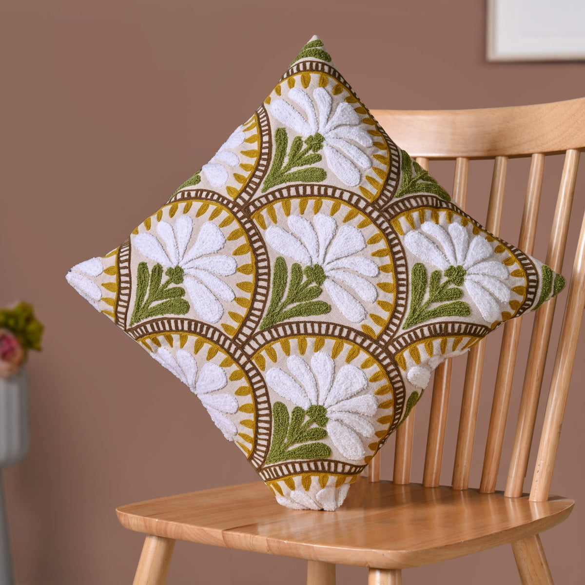 Flower Arches Embroidered Cushion Cover Beige 40x40cm Nestasia