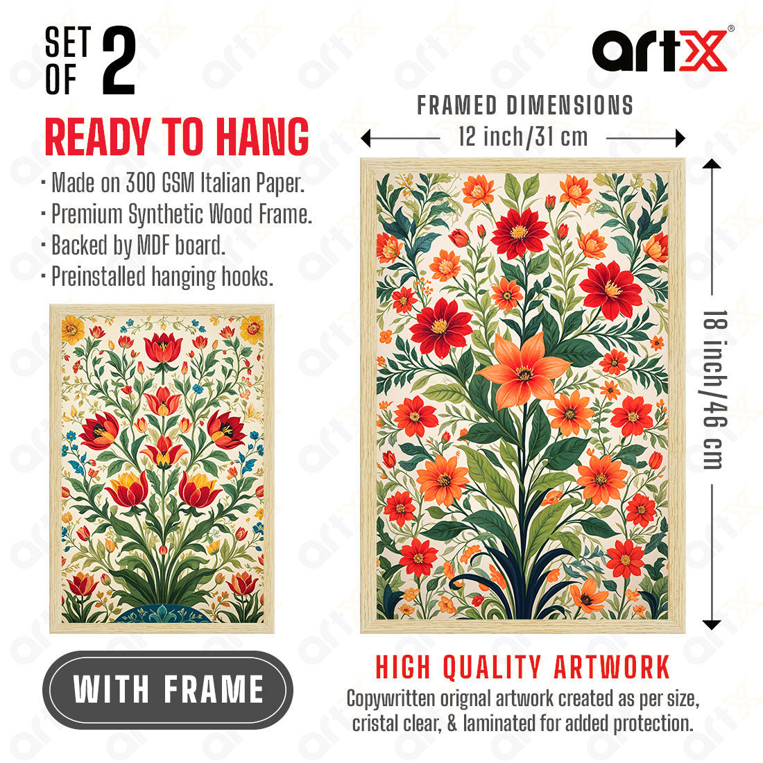 ArtX Floral Art Paintings with Frame for Home Decor, Living Room, Multicolor, Set of 2 AXII-26-FLR ArtX