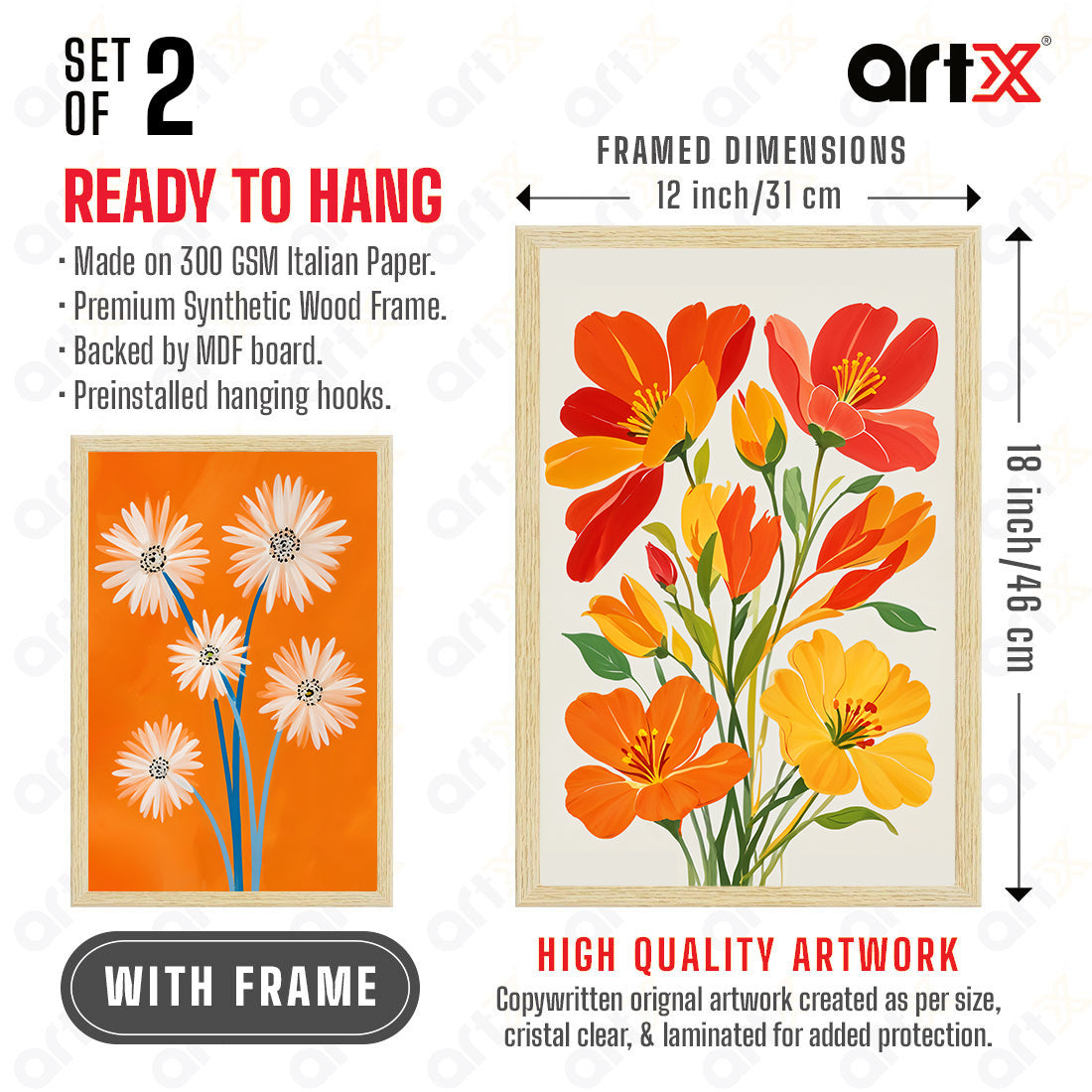 ArtX Floral Art Paintings with Frame for Home Decor, Living Room, Multicolor, Set of 2 AXII-25-FLR ArtX