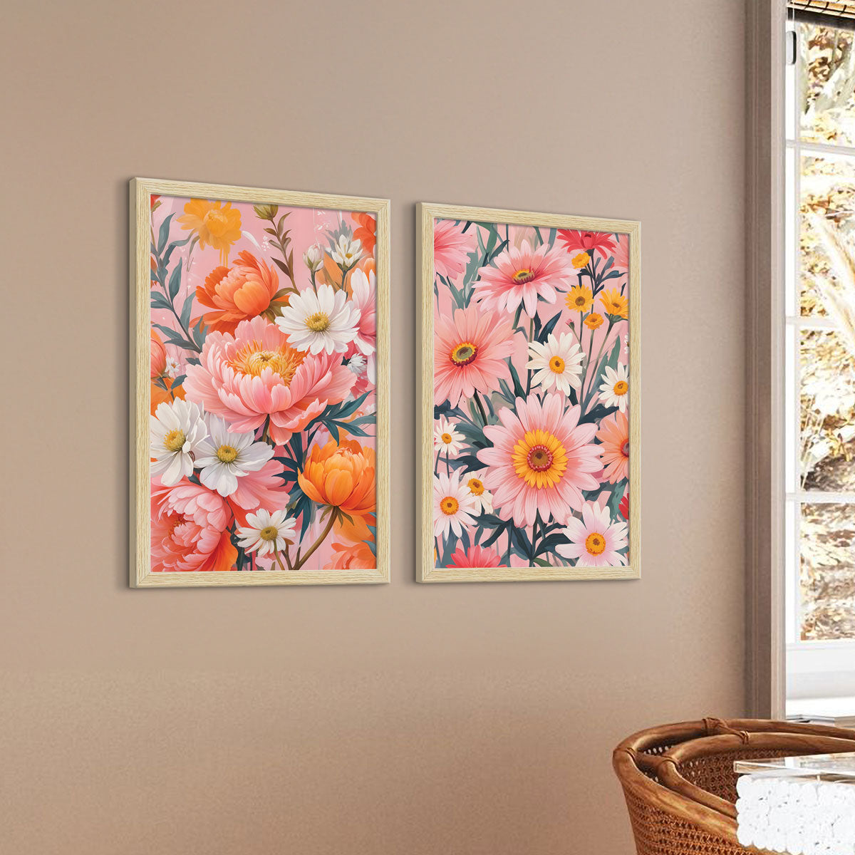 ArtX Floral Art Paintings with Frame for Home Decor, Living Room, Multicolor, Set of 2 AXII-24-FLR ArtX