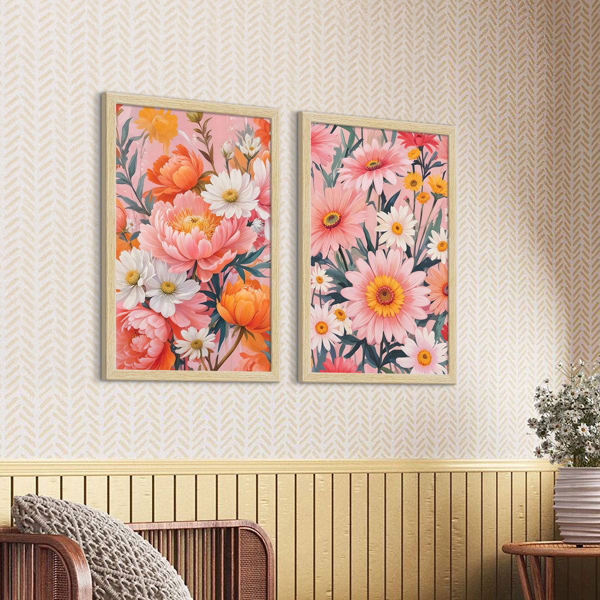 ArtX Floral Art Paintings with Frame for Home Decor, Living Room, Multicolor, Set of 2 AXII-24-FLR ArtX