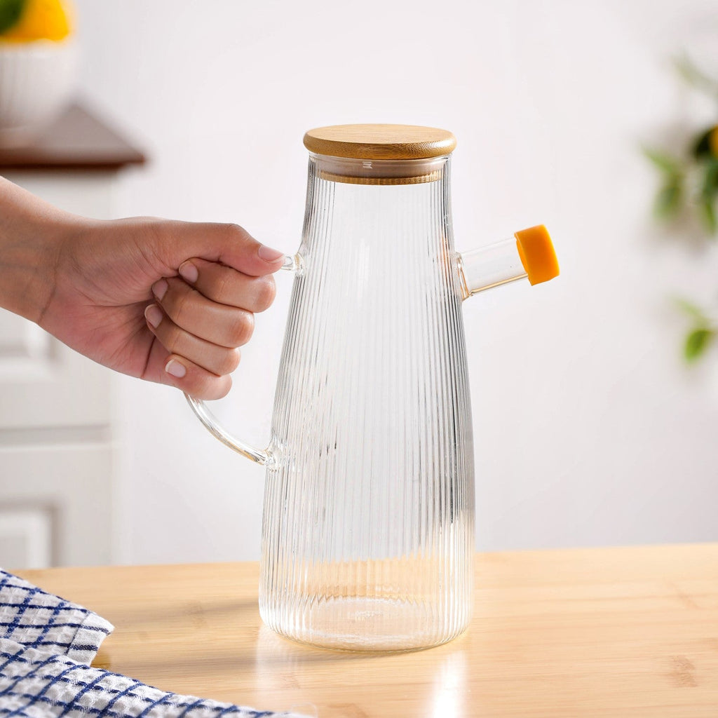 Fluted Cooking Oil Dispenser Bottle With Wooden Lid 1000ml Nestasia