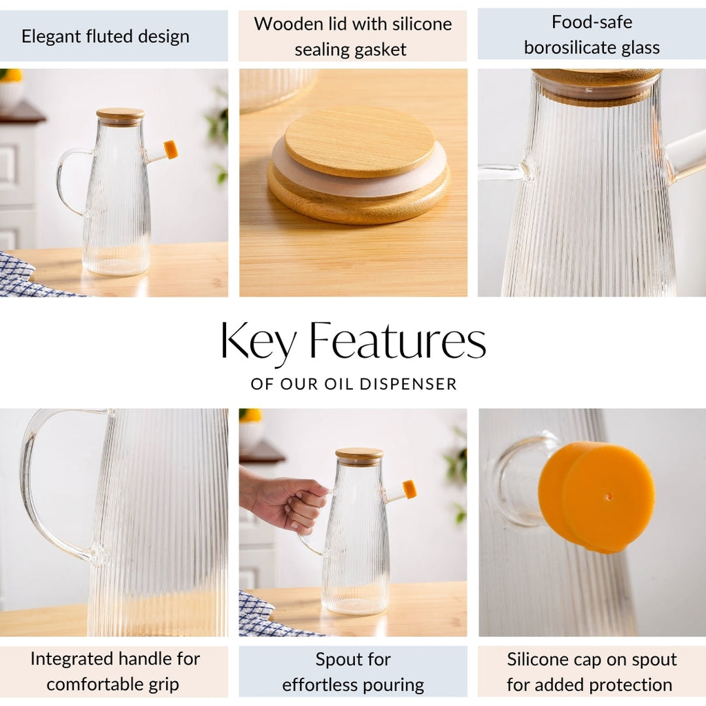 Fluted Cooking Oil Dispenser Bottle With Wooden Lid 1000ml Nestasia