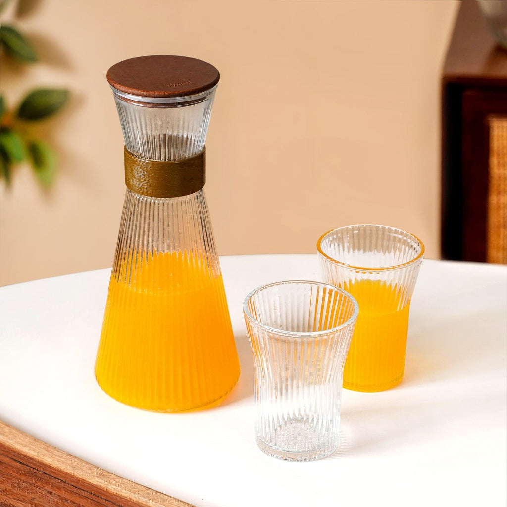 Fluted Glass Carafe Jug With 2 Tumblers Nestasia