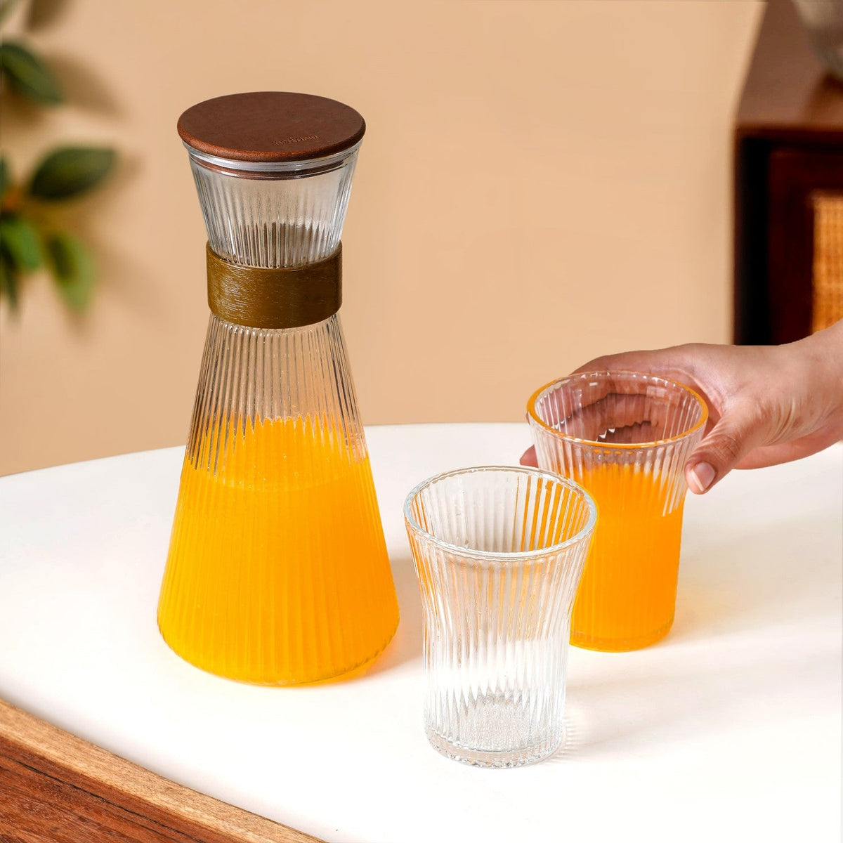 Fluted Glass Carafe Jug With 2 Tumblers Nestasia