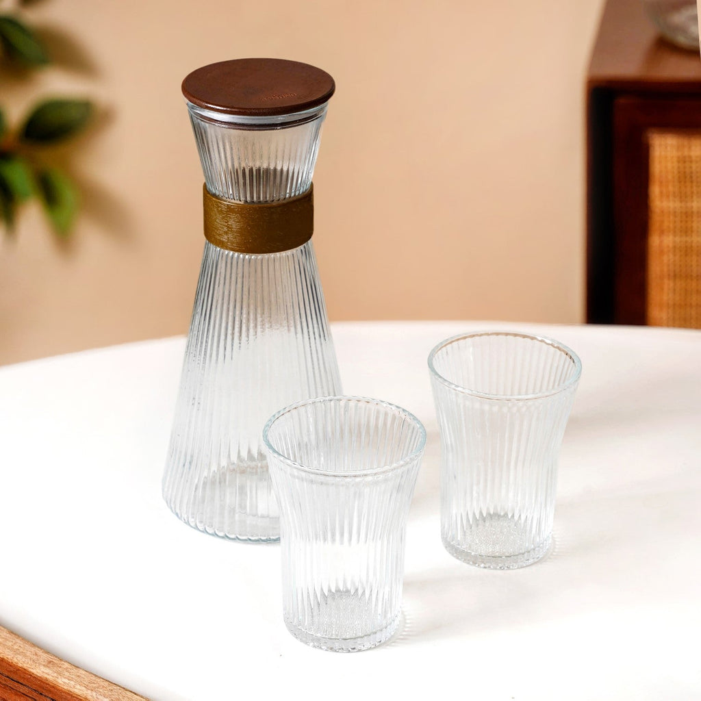 Fluted Glass Carafe Jug With 2 Tumblers Nestasia